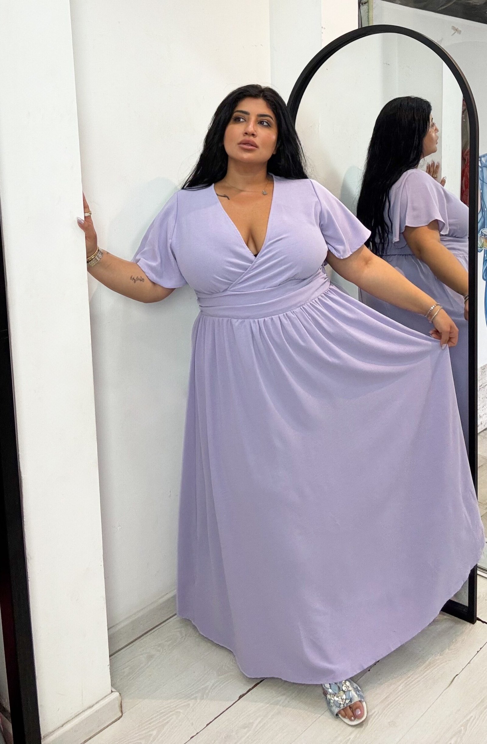 Plus Size Overlapping V-Neck Ruffled waist Pleated long dress maxi