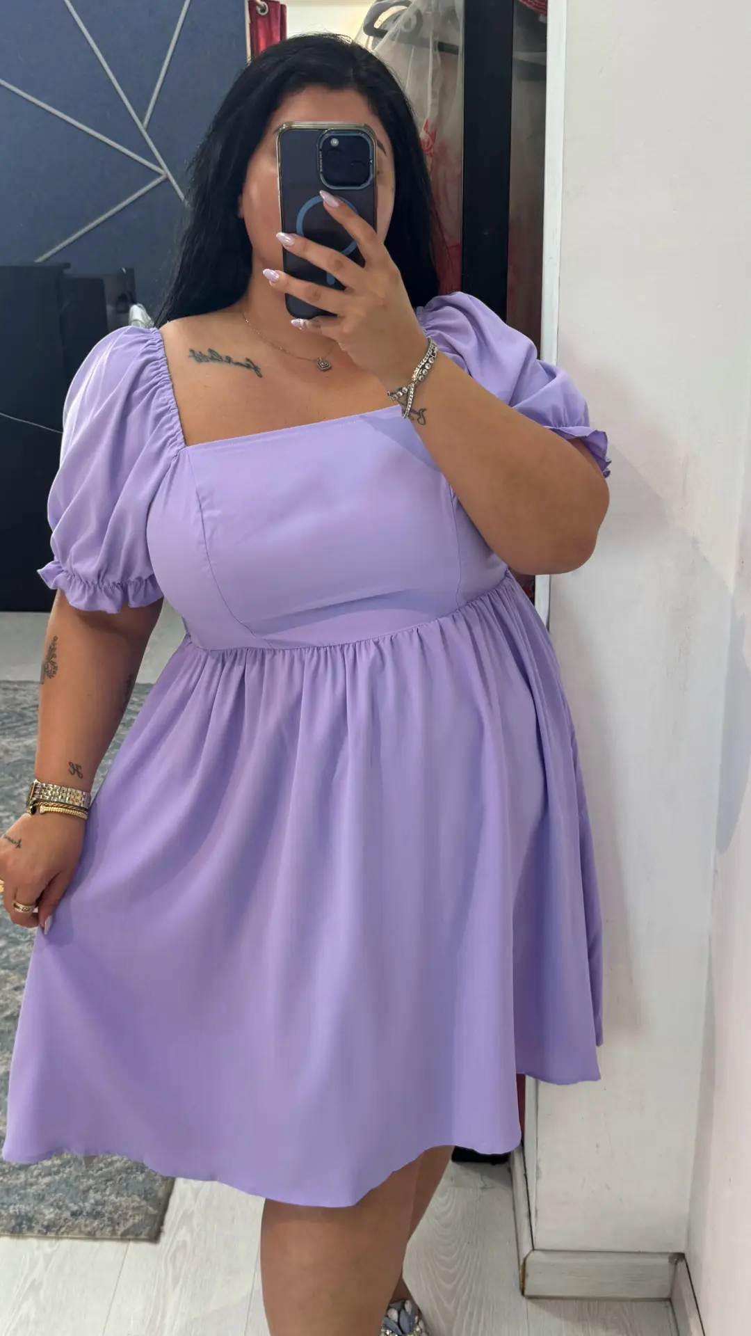 Plus Size neck puff short purple dress - Image 2