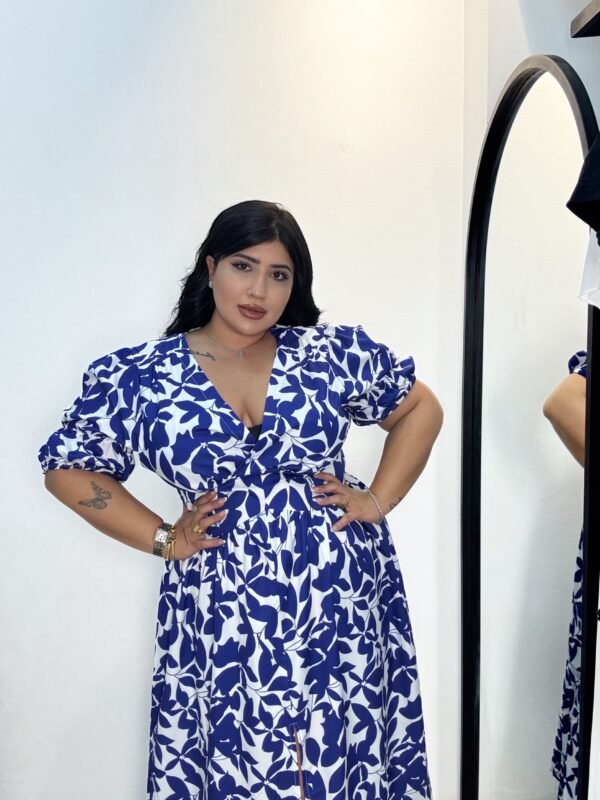Plus Size Floral Print V-Neck blue dress maxi