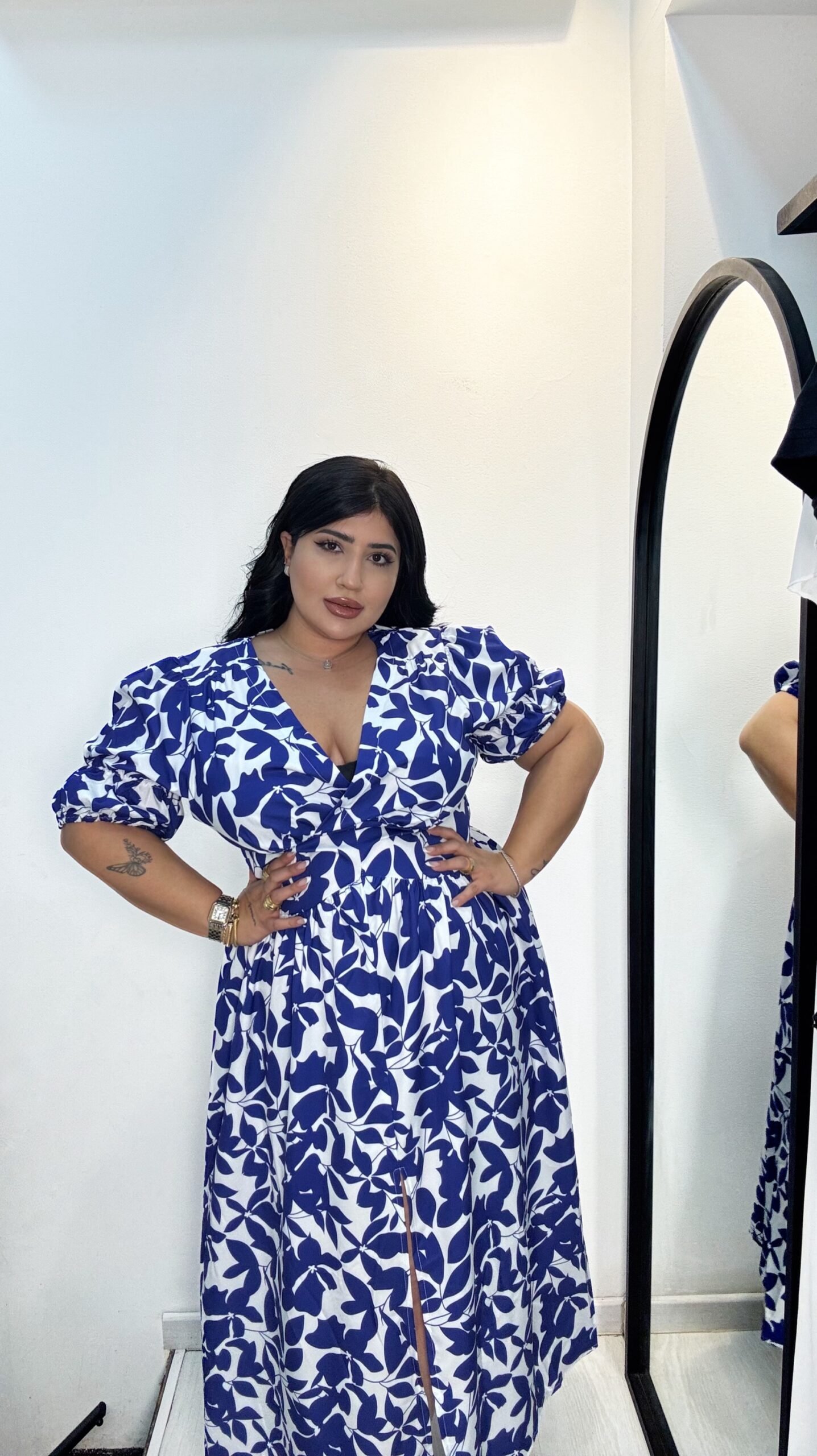 Plus Size Floral Print V-Neck blue dress maxi