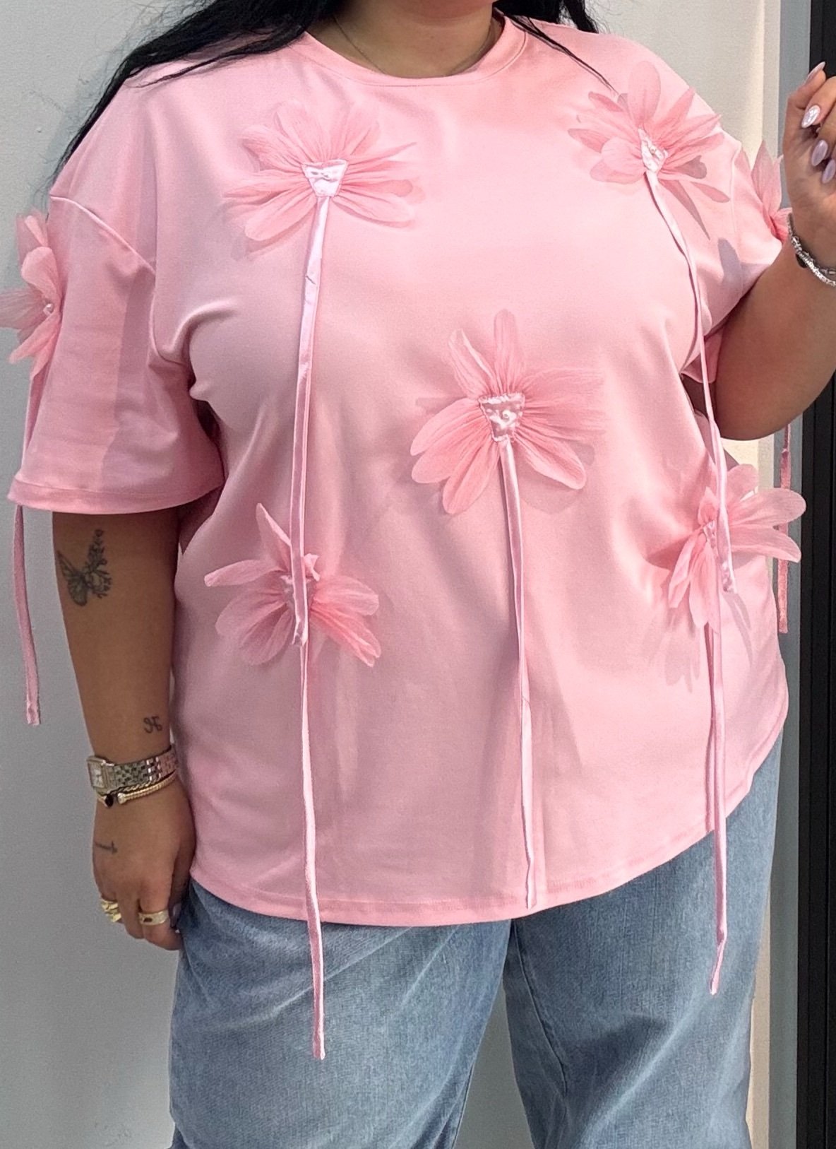 Plus size pink floral 3d top