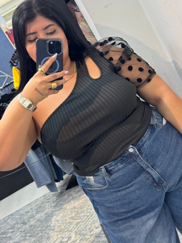 One shoulder black top with dot mesh puff sleeve
