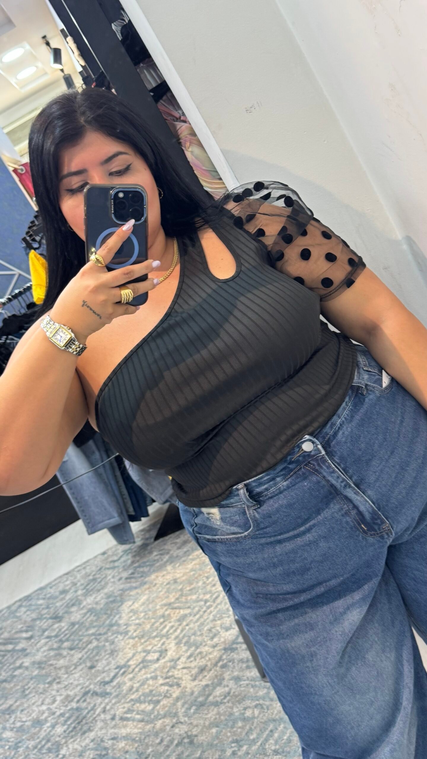 One shoulder black top with dot mesh puff sleeve