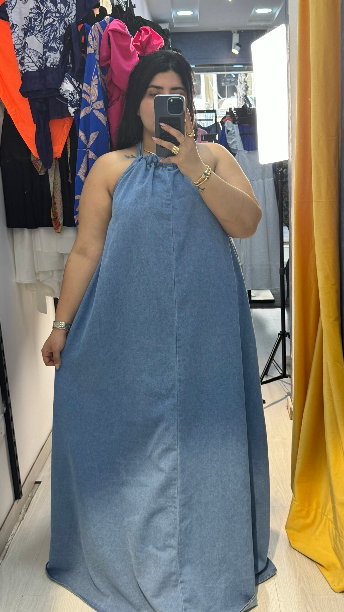 Long denim dress , backless denim