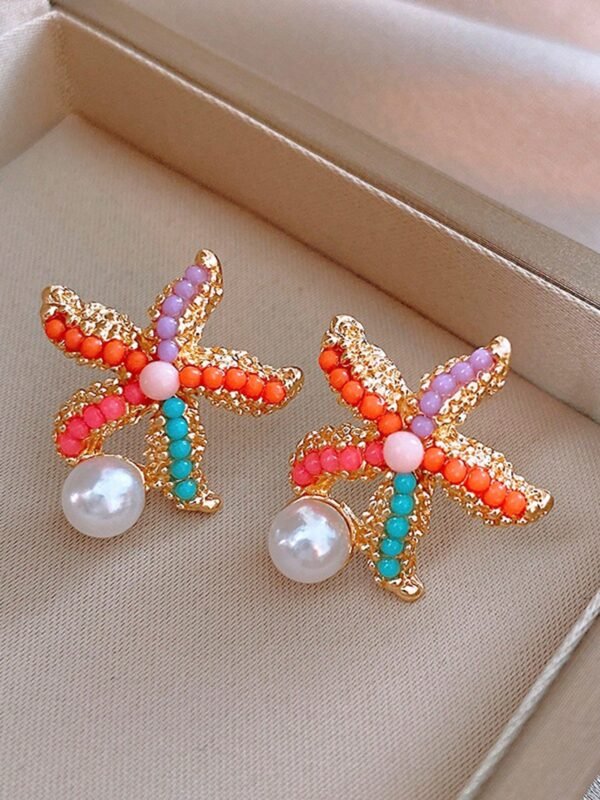 Bohemian style colorful starfish & faux pearl earrings
