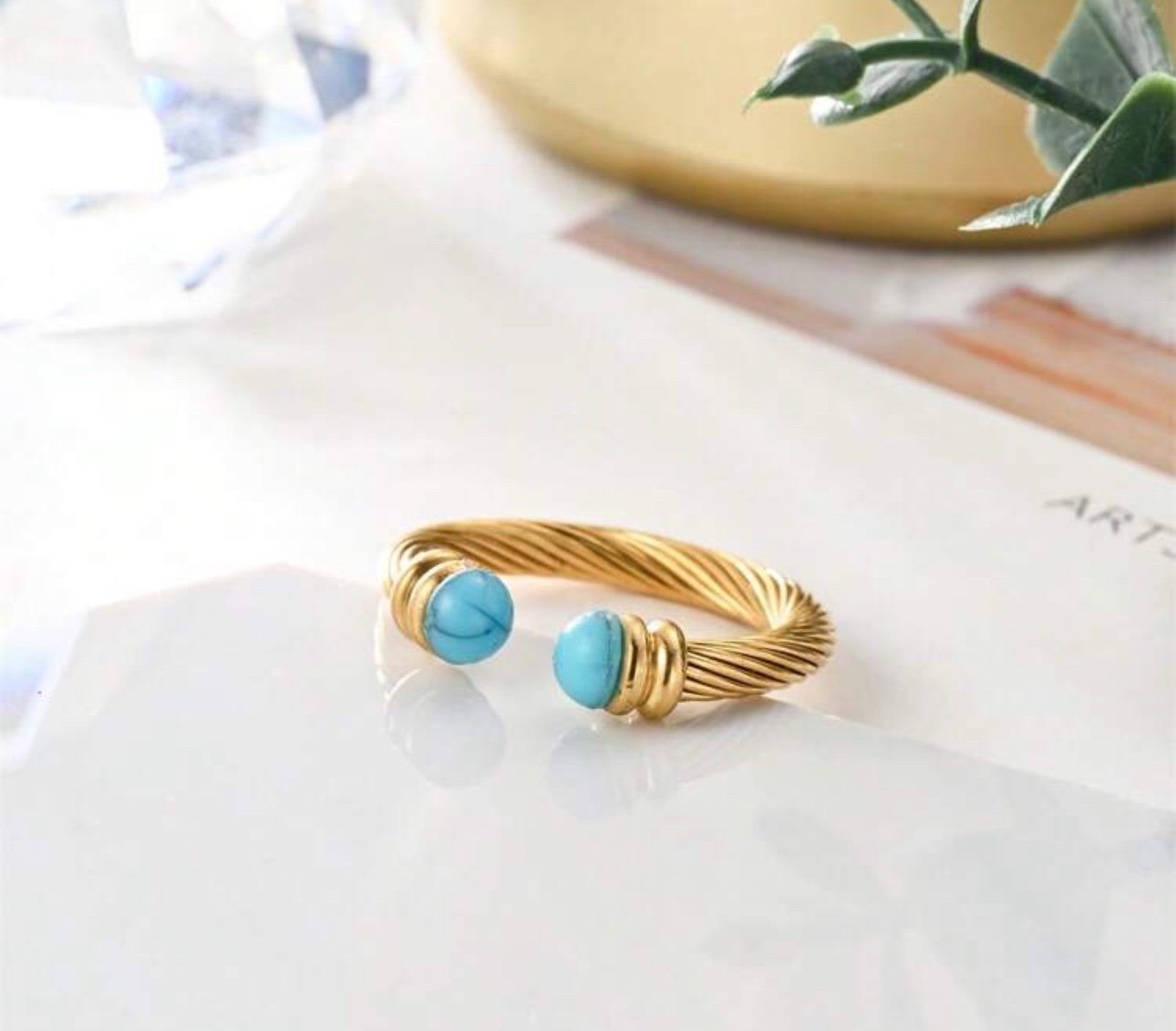 Ring retro asymmetrical tiger eye pearl stainless steel 18k gold plated