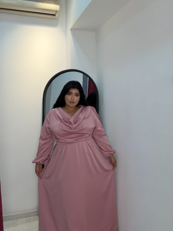 Plus size satin long sleeve pink dress