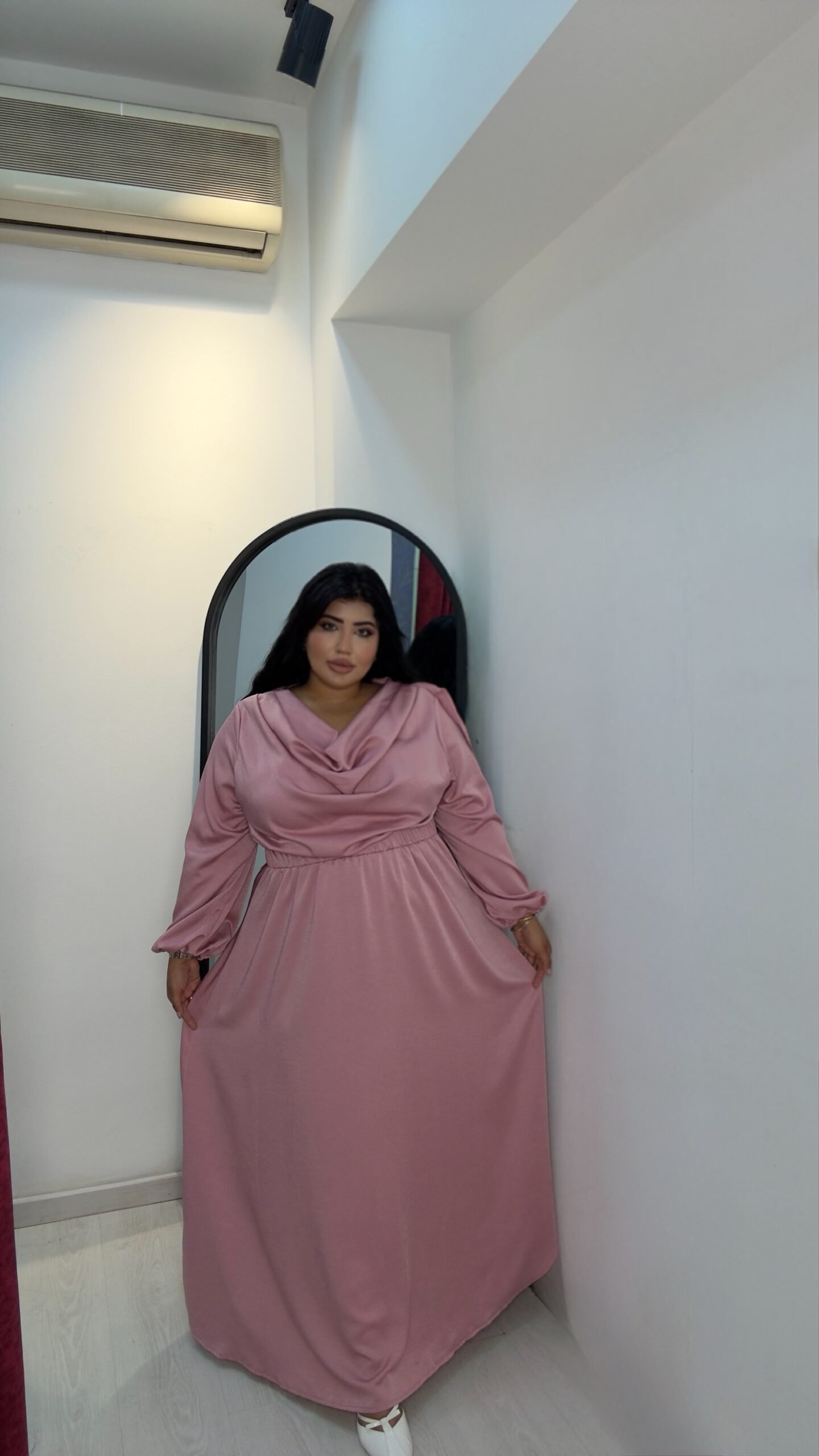Plus size satin long sleeve pink dress