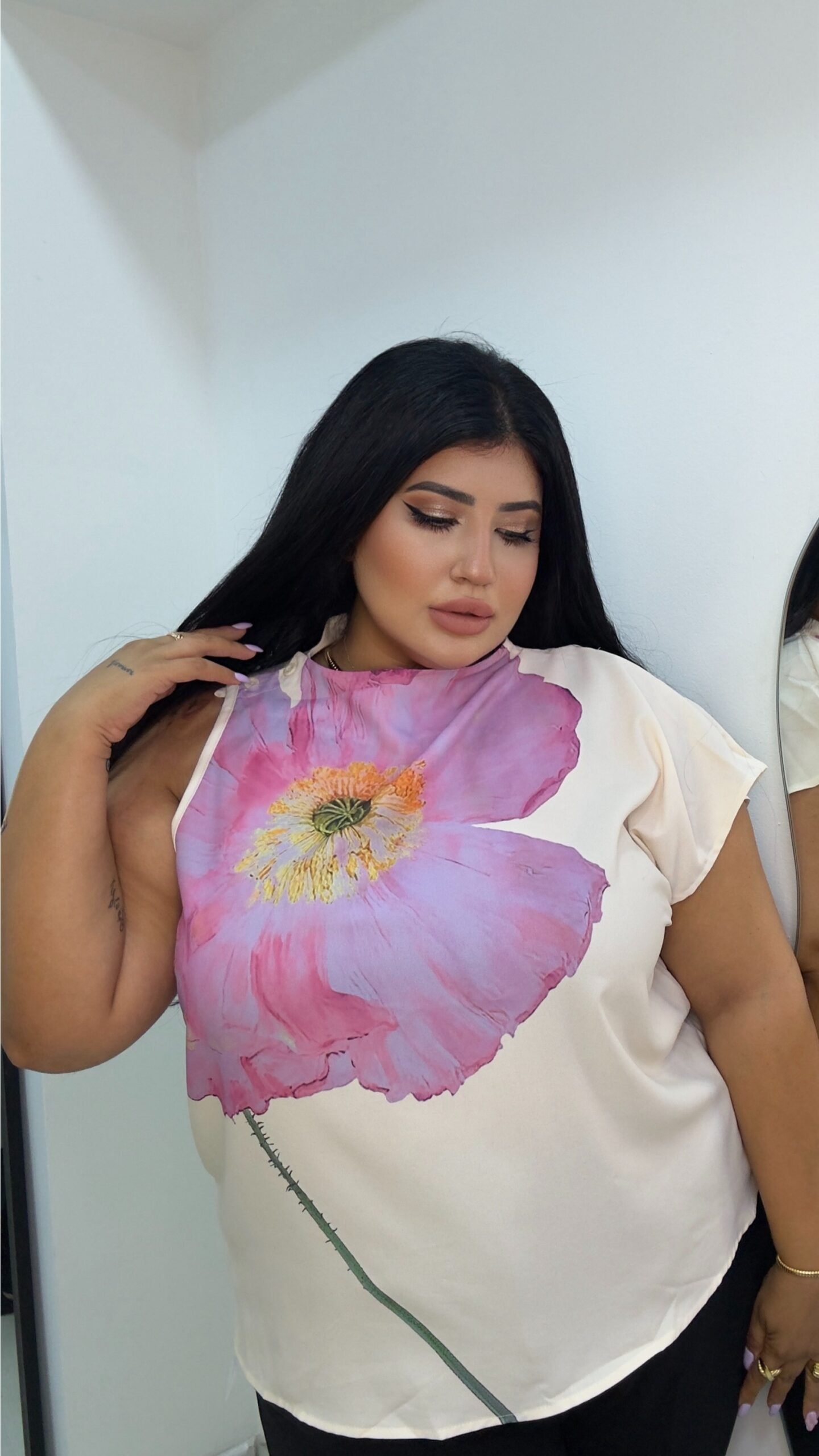 Off the shoulder beige floral print blouse