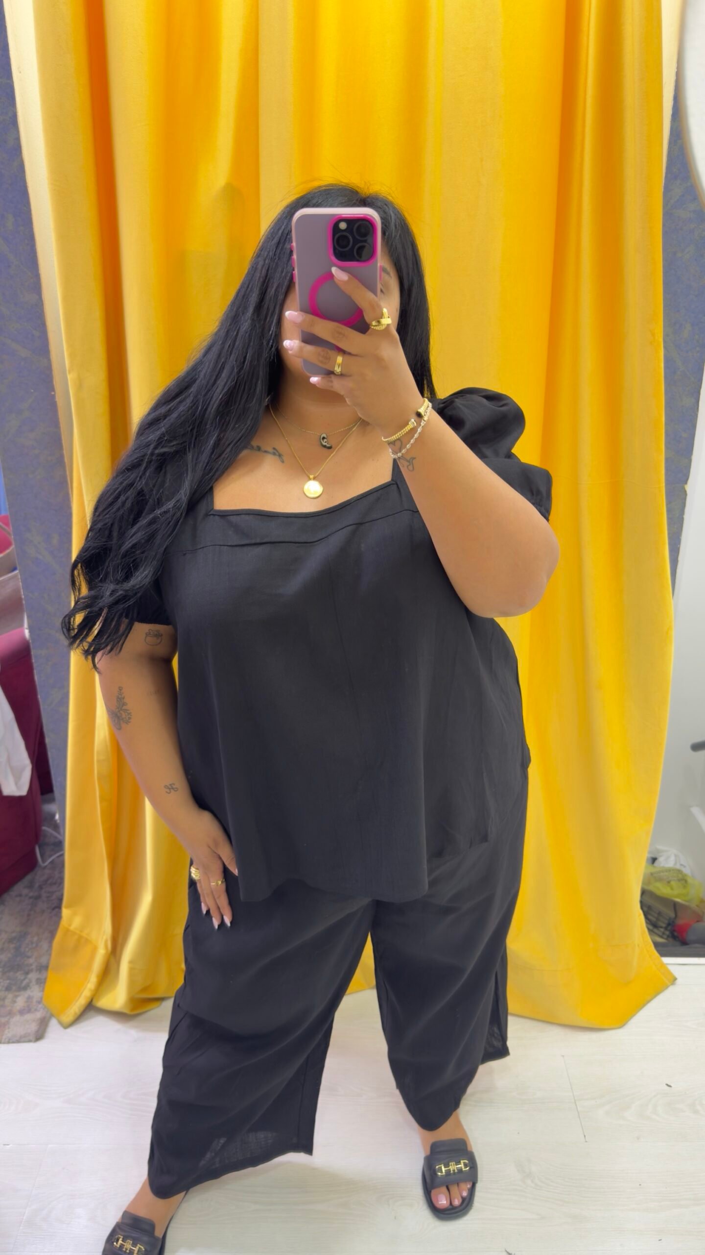 Black set linen 2 pcs square neck blouse - Image 2