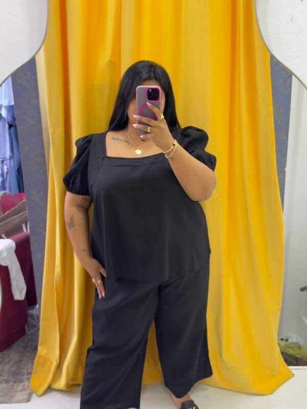 Black set linen 2 pcs square neck blouse