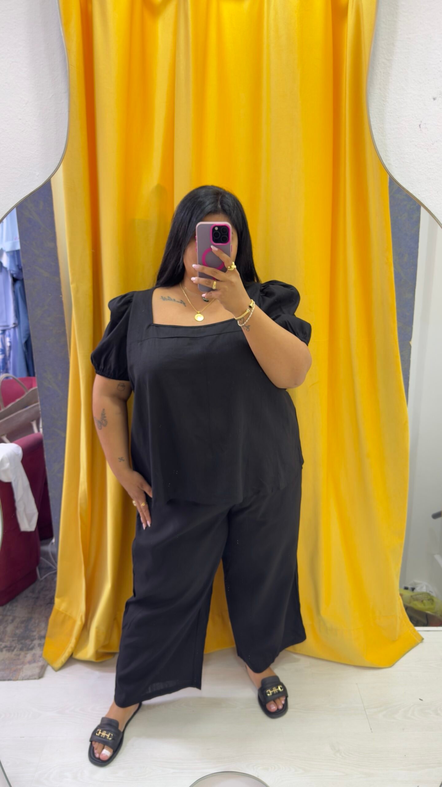 Black set linen 2 pcs square neck blouse